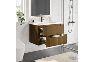 ONBRILL Modern Bathroom Vanity with Sink Combo, Curved Floating Bath Vanity with 2 Soft Close Drawer, Wall Mount Bathroom Vanities with Integrated Ceramic Sink for Small Space, Apartment (Walnut, 32“)