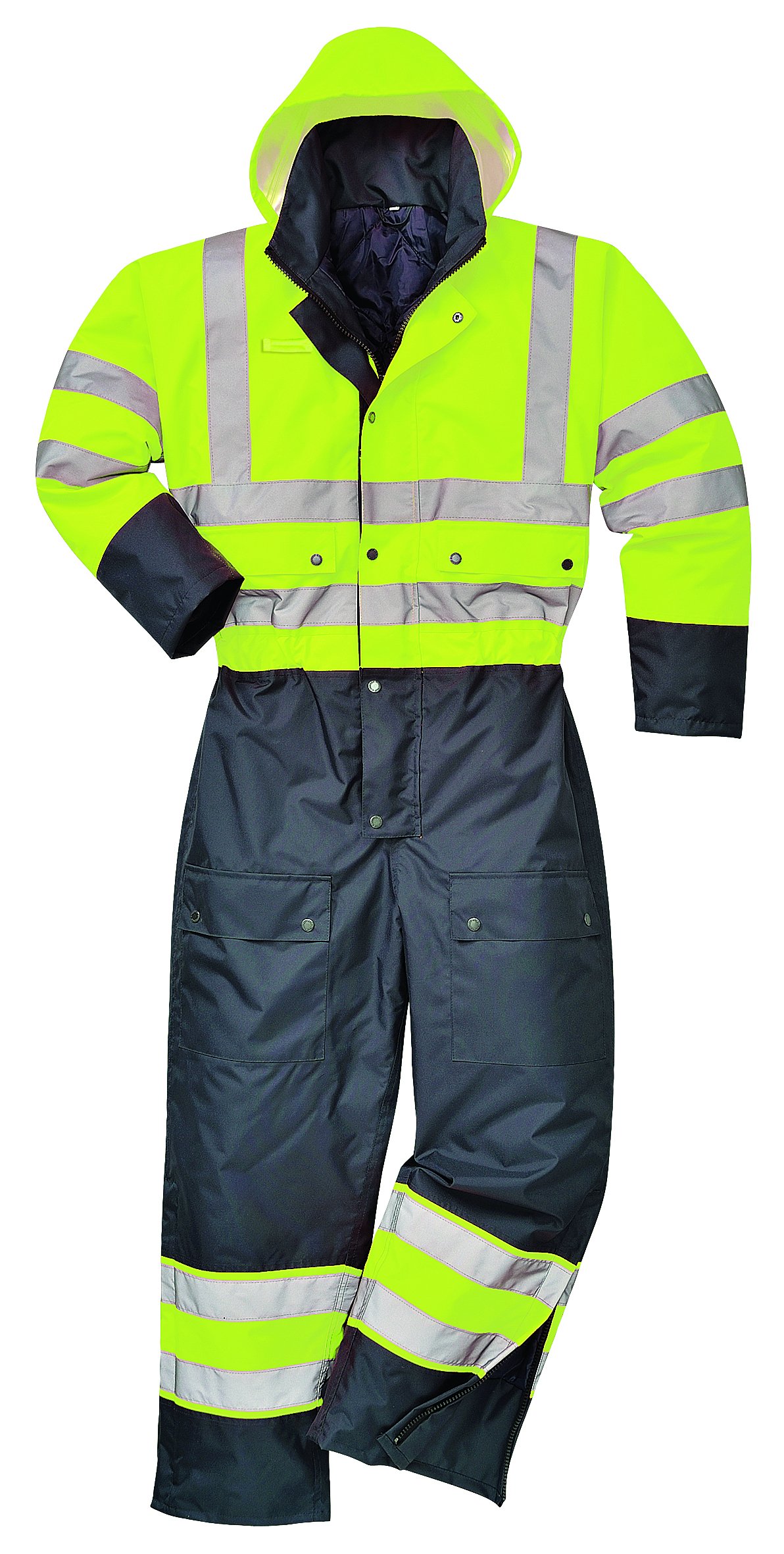 Portwest S485 Men's Hi Vis Winter Work Coveralls Waterproof 300D Polyester Protective Boiler Suit Durable Overalls Thermal Lined Workwear Rain Suit, Yellow / Black, 6X-Large