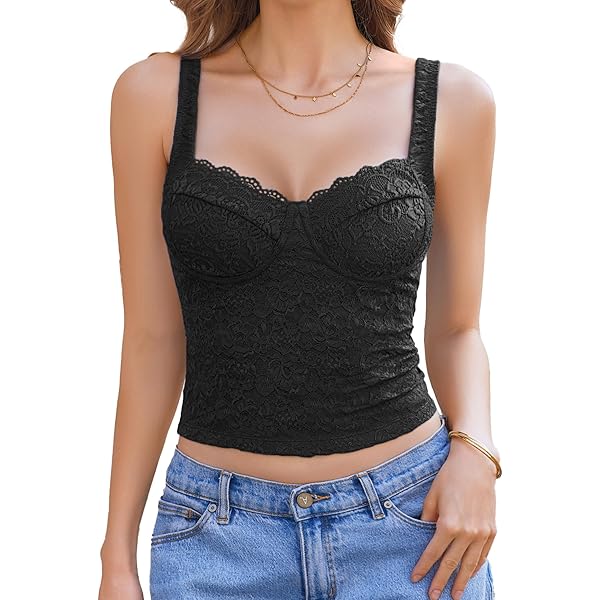 Women's Lace Trim Crop Tank Tops Slim Fit Scoop Neck Vest