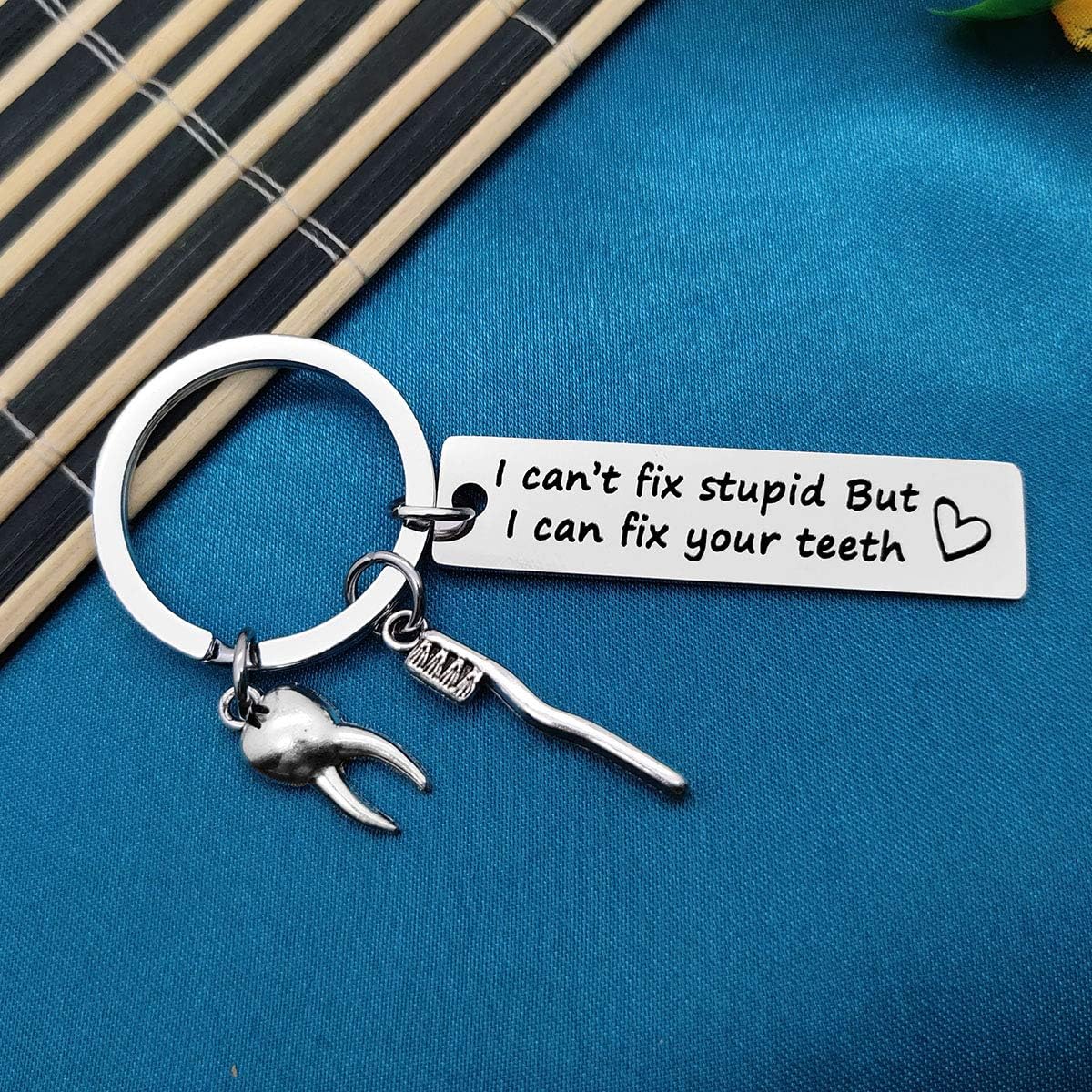Funny Dentist Keyring Dental Hygienist Gift for Women Men I Can't Fix Stupid But I Can Fix Your Teeth Gift Future New Dentist Key Chain Retirement Graduation Christmas Birthday Gifts for Dentist - Image 3