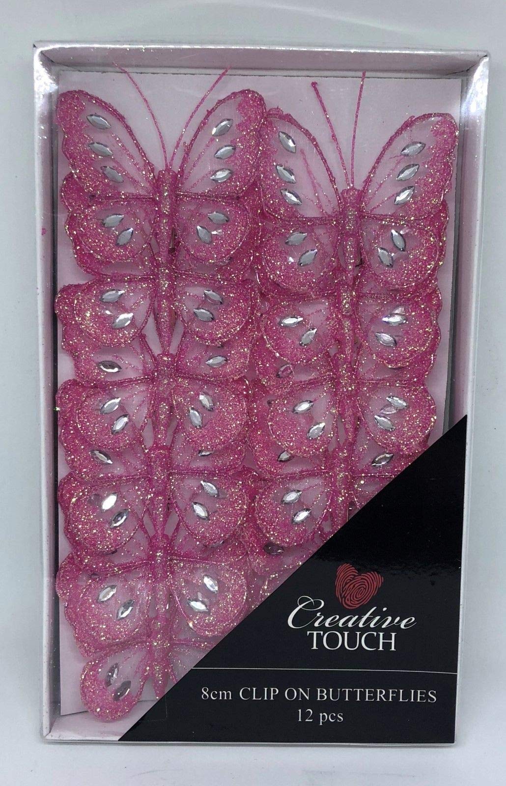 SET OF 12 Clip On Jewelled Glitter Mesh Decorative Butterflies 8cm (Pink)