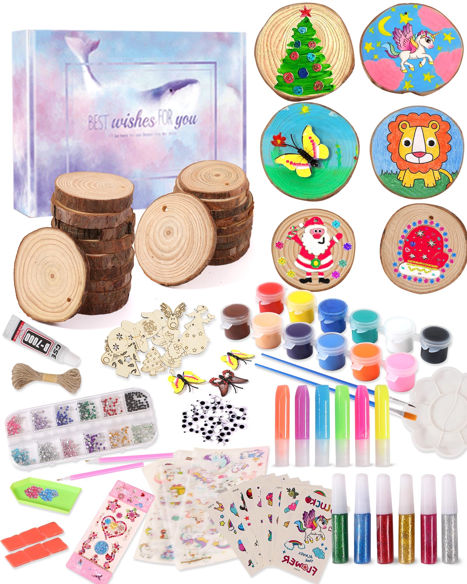 Yuforr 20 PCs of Wooden Slice Kids Wooden Painting Kit-Glow in The Dark-Arts & Crafts Gifts for Boys Girls Ages 5-12 Christmas Craft Activities Kits