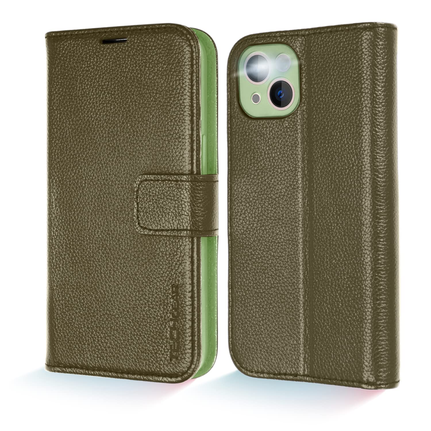 TECHGEAR Wallet Case for iPhone 13 Mini, Genuine Leather Magnetic Flip [RFID Blocking] Case with Shockproof TPU Holder, Card Slots, Stand Folio Cover Compatible with iPhone 13 Mini 5.4" 2021, Green