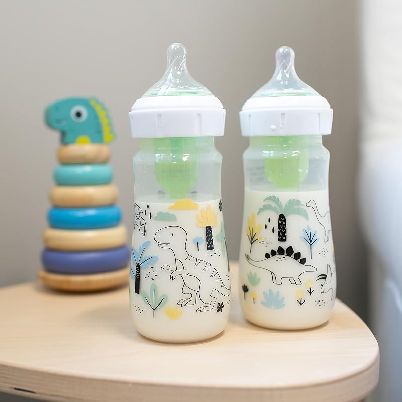 Natural Flow® Anti-Colic Options+™ Weithals-Babyflasche, Designer-Edition-Flaschen, Dino Decos, 270 ml, Level 1 Nippel, 2er-Pack, ab 0 Monaten