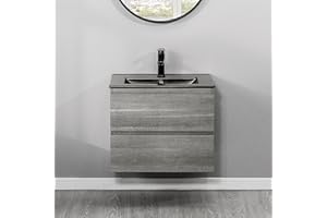 KSWIN 24" Wall Mounted Bathroom Vanity with Sink Grey Floating Vanity Two Drawers Bathroom Cabinet with Black Ceramic Integrated Sink
