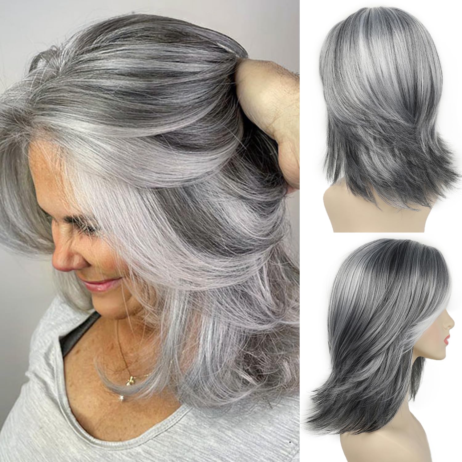 Photo 1 of SEVENCOLORS Layered Grey Silver Wigs for White Women Short Mixed Gray Wig with Curtain Bangs Synthetic Hair Medium Length Bob Wigs