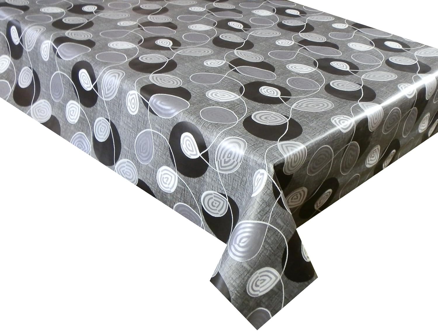 Vinyl PVC Tablecloth, Black and Silver Swirl Leaf Design, 3 metres (300x137cm) 10 Seater Size