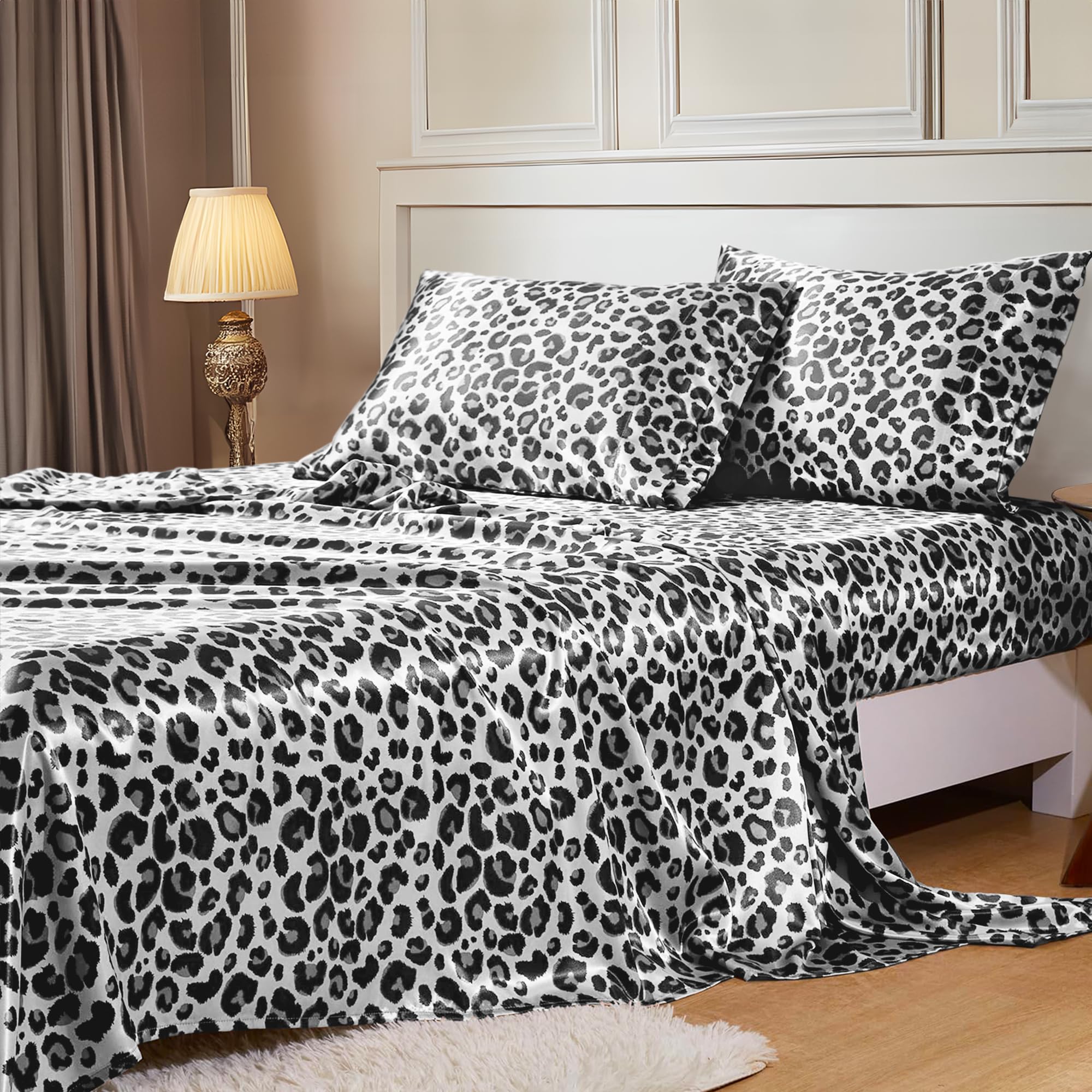 Photo 1 of MR&HM Satin Sheets with Elastic Corner Straps, Queen Size Sheets Set, 4 Pcs Silky Bedding Set with 15 Inches Deep Pocket for Mattress (Queen, White Leopard)
