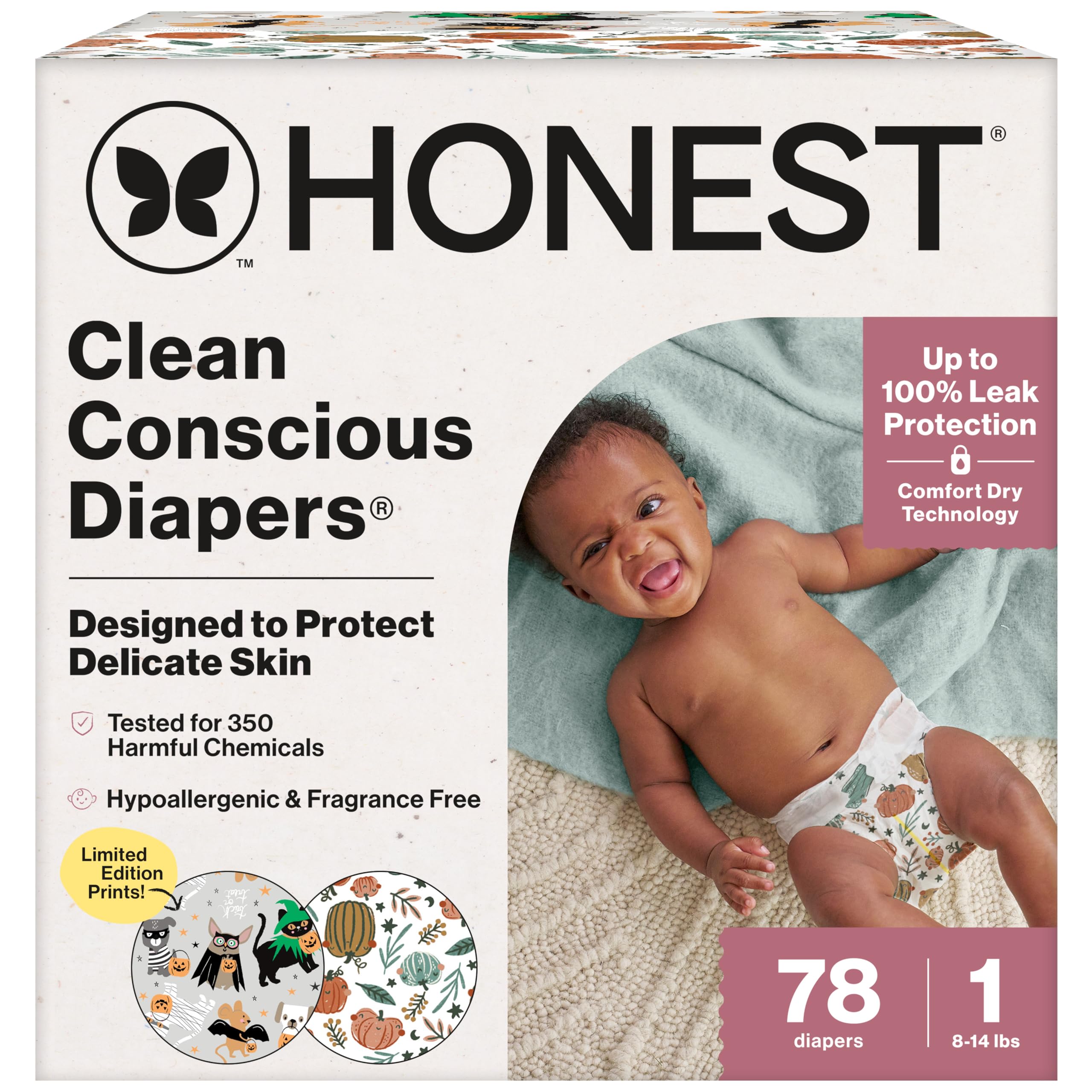 Photo 1 of The Honest Company Clean Conscious Diapers for Delicate Skin | Up to 100% Leakproof | Hypoallergenic, Fragrance Free | Fall '25 Limited Edition Prints | Club Box, Size 1 (8-14 lbs), 78 Count