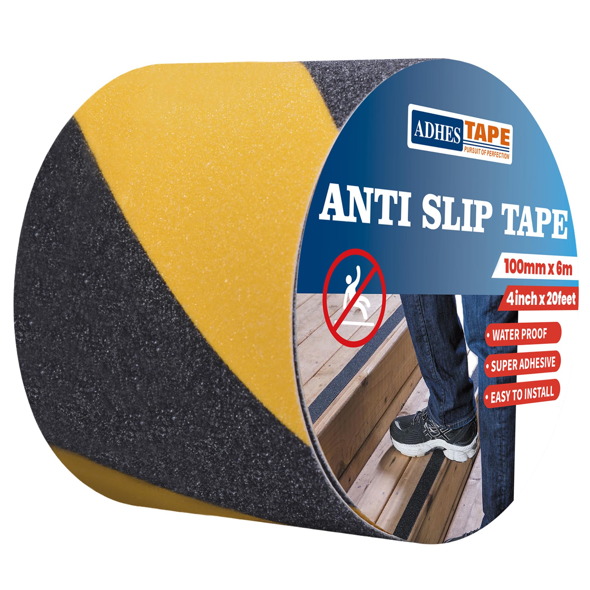 ADHES Heavy Duty Anti Slip Tape Yellow and Black Non Slip Hazard Caution Tape, Strong Grip Warning Tape Floor Mats Sticker for Indoor Outdoor Safety Hazard Warning Tape Stair Treads 4In X 19.6Ft