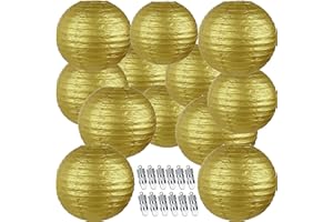 NUDALA 12pcs Gold Paper Lanterns with 12pcs White LED Lights, 6" 8" 10" 12" Round Hanging Chinese/Japanese Ball Lantern for Wedding Anniversary Birthday Party Decorations