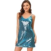 Allegra K Women's Glitter Sequin Dress Spaghetti Strap V Neck Party Cocktail Sparkly Mini Dress Clubwear