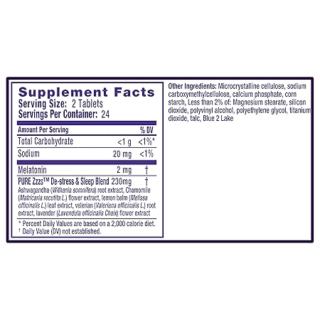 Amazon.com: Vicks PURE Zzzs De-Stress & Sleep Melatonin Sleep Aid tablets with Ashwagandha, Chamomile, Lavender, & Valerian Root, 1mg per tablet, ...