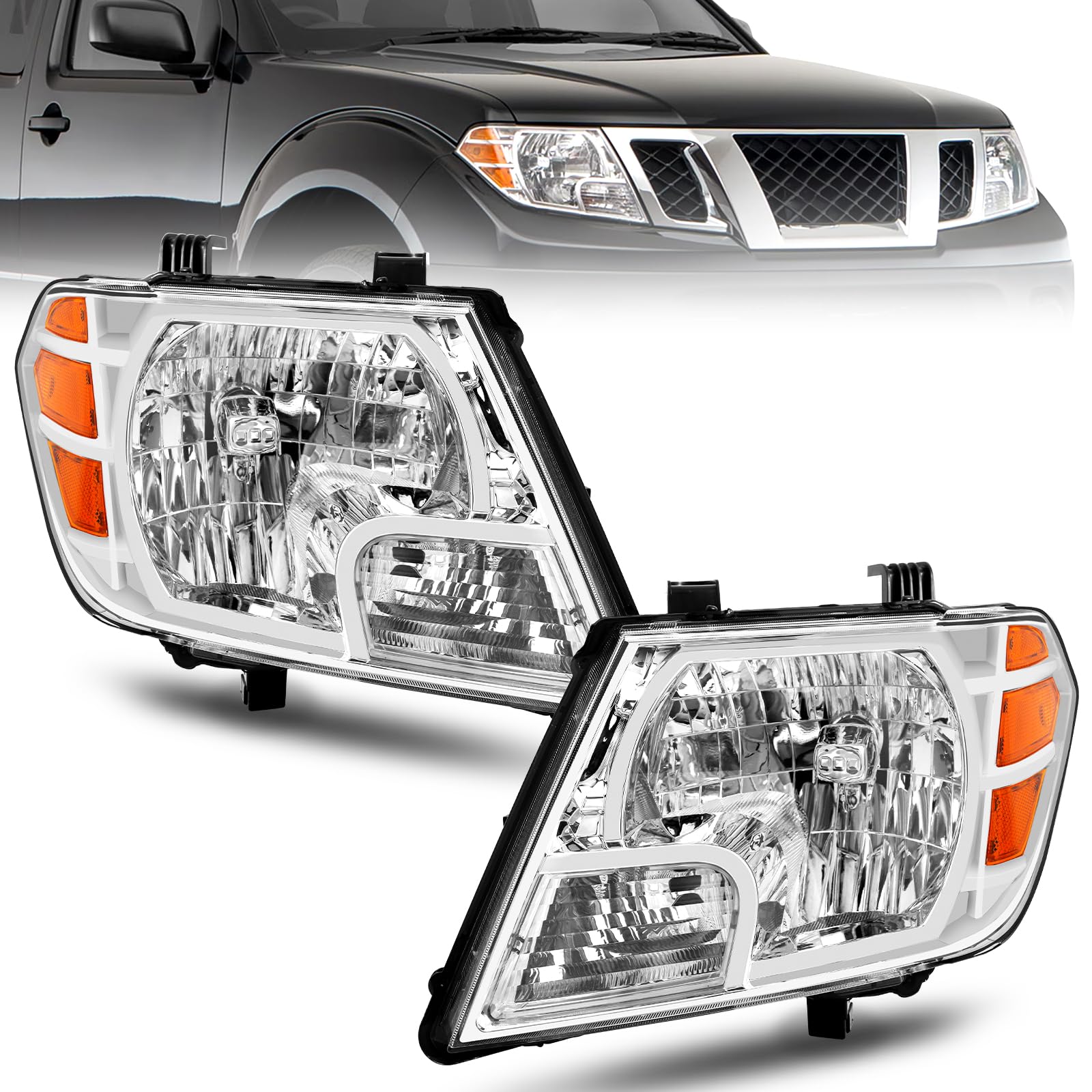 Photo 1 of ELH Headlight Assembly Fit For 2009-2021 Nissan Frontier 4-Door Sedan Driver And Passenger Side (Chrome Housing With Amber Reflector)