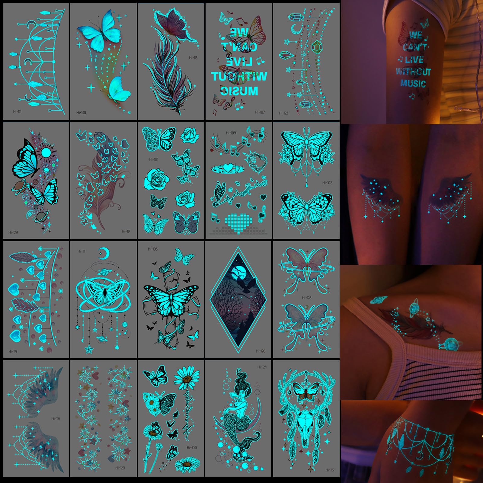 KASESSS 20 Sheets Neon Temporary Tattoos, Fake Tattoos, Blue Light Butterfly Tattoos, Temporary Tattoos for Women, Glow In Dark Temporary Tattoo, Tattoo Stickers for Girls Neon Party Accessories