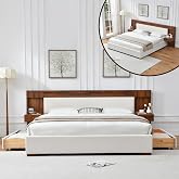King Wood Bed Frame with 2 Nightstands &amp; Drawers, Cream Linen Headboard | Natural Wood Grain &amp; Luxury Upholstered Bed Frame with Storage Headboard, No Box Spring Needed, Easy Assembly