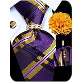 Kerfado 5PCS Mens Silk Designer Tie, Pocket Square, Cufflinks, Drilled Tie Ring and Lapel Pin Set for Wedding Groom Party