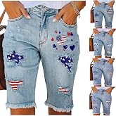 American Flag Bermuda Jean Shorts Women 4th of July Ripped Frayed Hem Denim Shorts