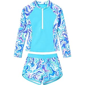 Girls Rash Guard Swimsuit Set Long Sleeve Bathing Suits UPF 50+ Swimwear 7-14Y