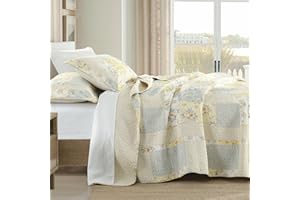 FineStichery Oversized Quilt Bedspread 128"x120" - 100% Cotton Cal King Bedspreads, Lightweight Reversible Floral Quilt, Farmhouse XL Bed Spreads Coverlet Sets with Pillow Shams, Yellow