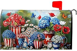 Dacawin 4th of July Patriotic Mailbox Covers Summer Magnetic Mailbox Wraps Hydrangea Daisy Flowers Mail Box Cover Red Blue White Floral Letter Box Cover Decorations for Home Garden Yard, 21x18Inch
