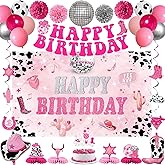 Crenics Disco Cowgirl Birthday Decorations - Disco Cowgirl Birthday Backdrop, Banner, Swirls, Honeycomb, Paper Pom Poms and Balloons for Cowgirl Theme Party Supplies