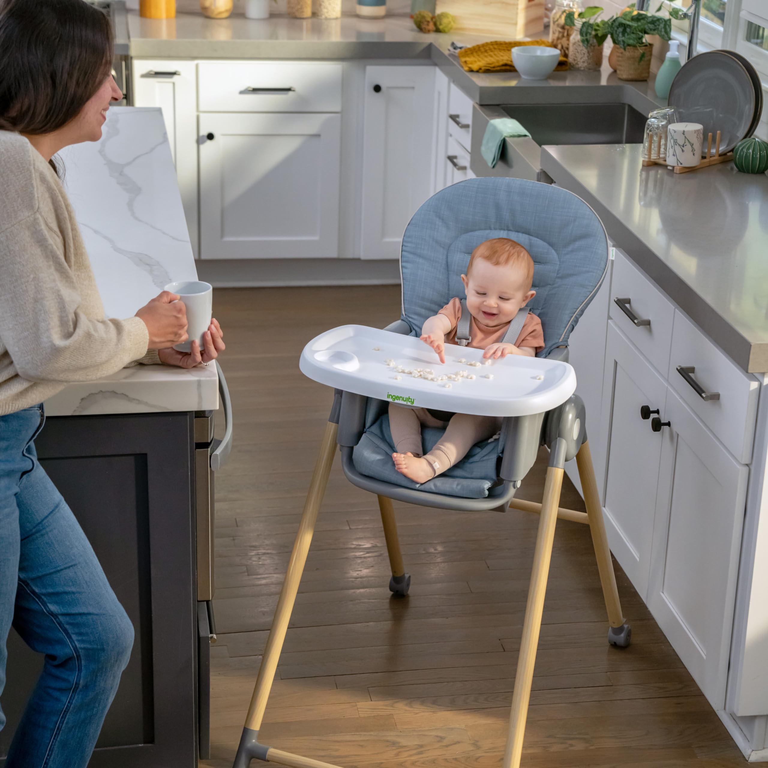 Ingenuity Proper Positioner Deluxe High Chair - 7-in-1 Convertible Baby Seat, Faux Wood Print Legs, Unisex, for Ages 0-36 Months