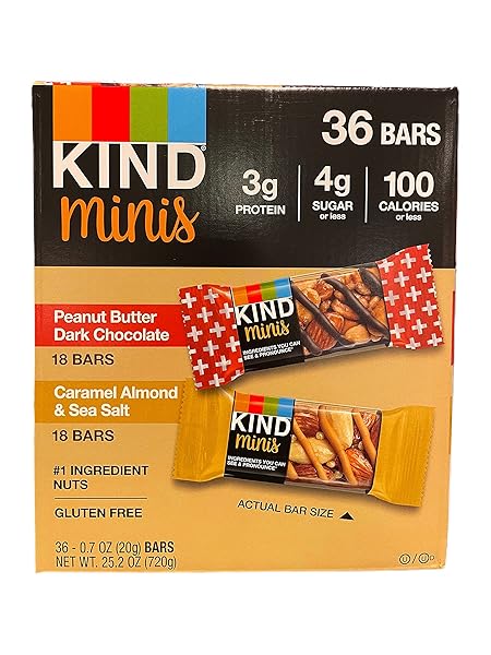 KIND MINIS, 18 PEANUT BUTTER DARK CHOCOLATE, 18 CARAMEL ALMOND & SEA SALT, 36 BARS
