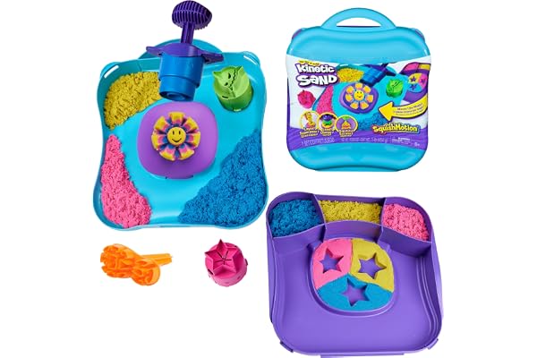 Kinetic Sand, SquishMotion with 1lb Pink, Yellow & Blue Play Sand, Stamper & 5 Tools, Storage Case, Sensory Toys for Kids Age