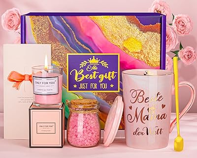 Muttertagsgeschenk Geschenke für Mama, Mutter Geburtstagsgeschenk zum Geburtstag Muttertag, 400ml Rosa Mama Tasse mit Goldenem Aufdruck, Entspannung Geschenk für Frauen, Schöne Spa Set Geschenkset
