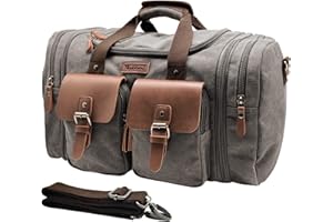 Wildroad 50L Travel Duffel Bag, Expandable Canvas Genuine Leather Duffle Bag Upgraded Overnight Weekender Bag Carry on Bag