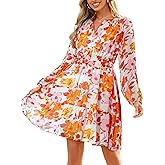 Simplee Womens Spring Floral Mini Dress Long Sleeve Boho Chiffon Short Dress Casual Flowy Fall Wedding Guest Dresses