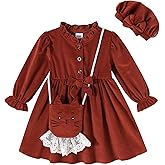 Happy Town Toddler Fall Dress Baby Girls Long Sleeve Bowknot Dresses Kids Winter Casual Outfits with Hat and Bag