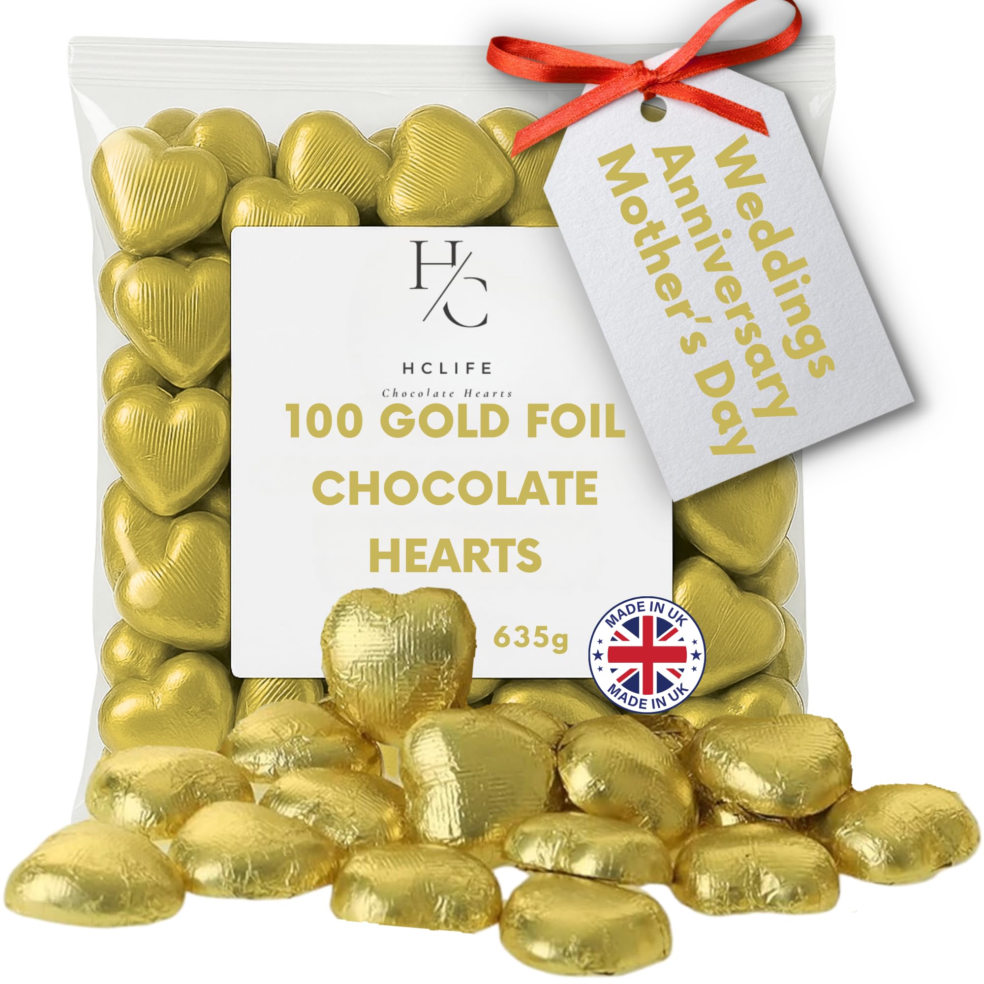 100 Milk Chocolate Hearts - Gold foil Mothers Day Chocolates - Creamy Wedding Party Table Favours - Ideal for Parties, Birthdays, Anniversaries, Valentine's Day Chocolates