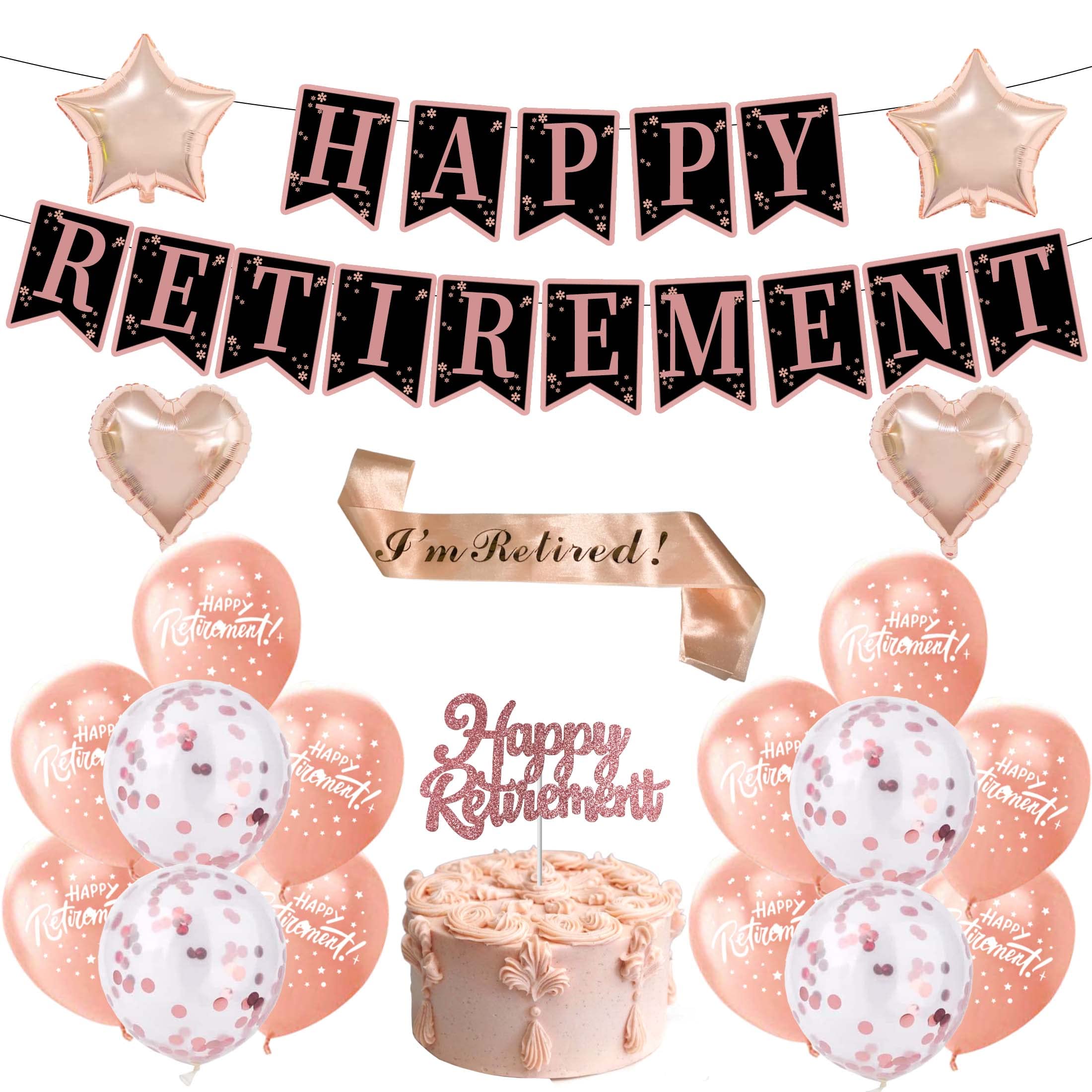 ZNDFTW 21 Pcs Retirement Decorations, Party Gold Balloon Happy Banner, I’m Retired Sash, Glitter Cake Topper for Decoration Supplies (TXPDZS-23)