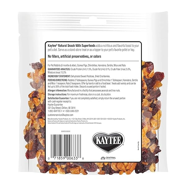 KAYTEE NATURAL SNACK WITH SUPERFOODS FOR PET GUINEA PIGS, RABBITS, HAMSTERS, AND OTHER SMALL ANIMALS, SWEET POTATO & CRANBERRY, 3 OUNCES