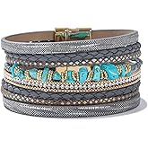 FANCY SHINY Turquoise Beaded Leather Wrap Bracelets Stackable Boho Cuff Bracelets with Magnetic Clasp Trendy Western Jewelry Cowboy Cowgirl Outfits for Women