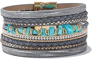 FANCY SHINY Turquoise Leather Wrap Bracelets Boho Beaded Cuff Bracelets Stackable Crystal Bangle with Magnetic Clasp Trendy Jewelry for Women