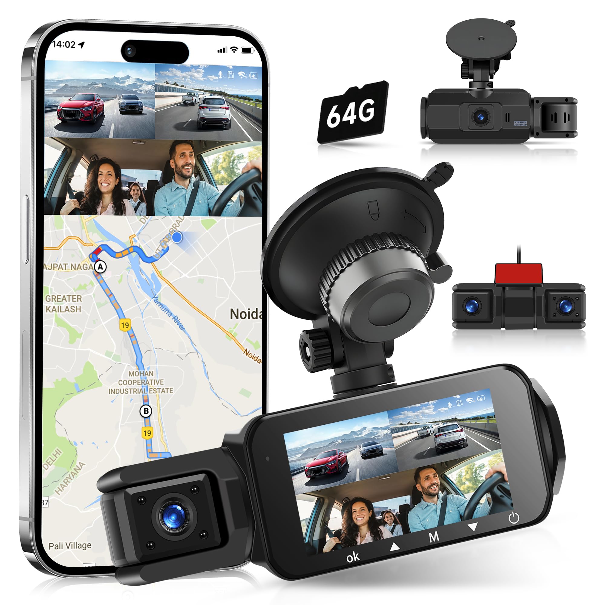 Photo 1 of 360° 2K Dash Cam Front and Rear Inside,4 Channel 3inch IPS Touchscreen 2K Dash Cam Front and 3x1080P Rear Inside Left Right,24/7 Recording Built-in WiFi,Loop Recording,G-Sensor,64G TF