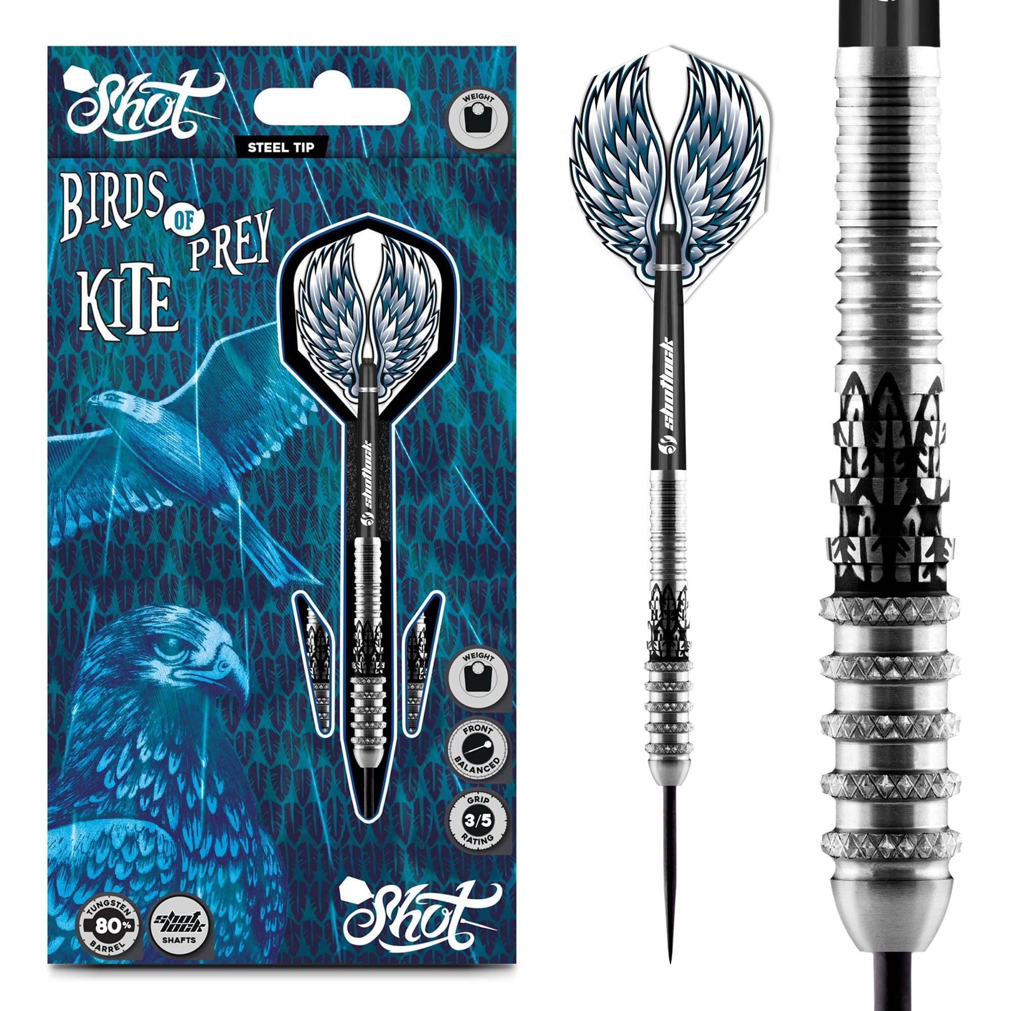 Shot! - Birds of Prey Kite Steel Tip Dart Set | Front Weighted 80% Tungsten Barrels | Professional Darts Set | Precision Machined for All Skill Levels | Made in New Zealand, 21g