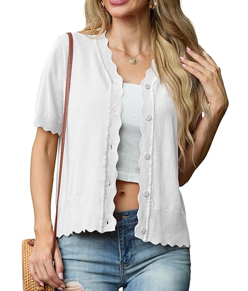 GRECERELLE Womens Summer Cardigan Lightweight Button Down Short Sleeve Cardigans Ladies Knit V-Neck Scalloped Shrugs Cardigans (White, L)