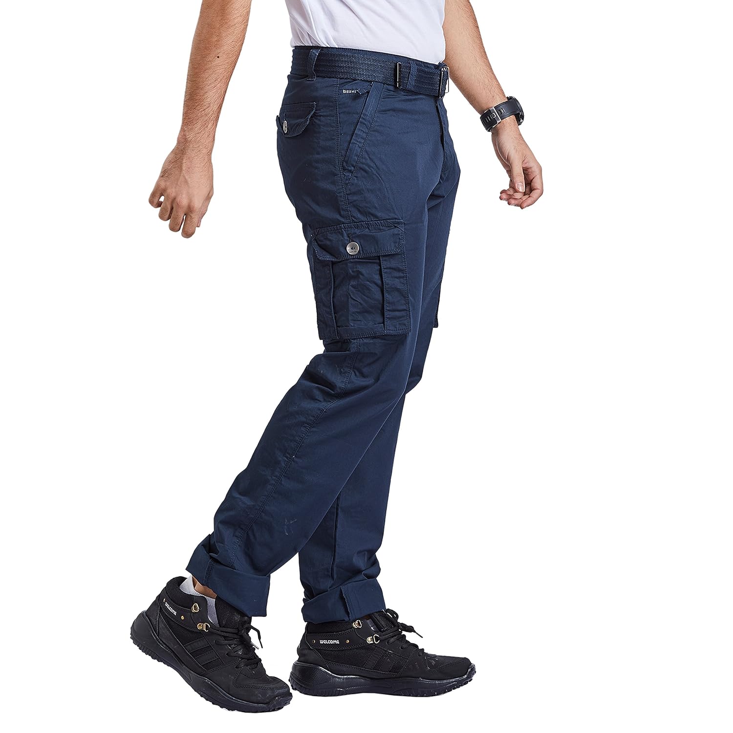 beevee mens navy fixed waist cargo with belt