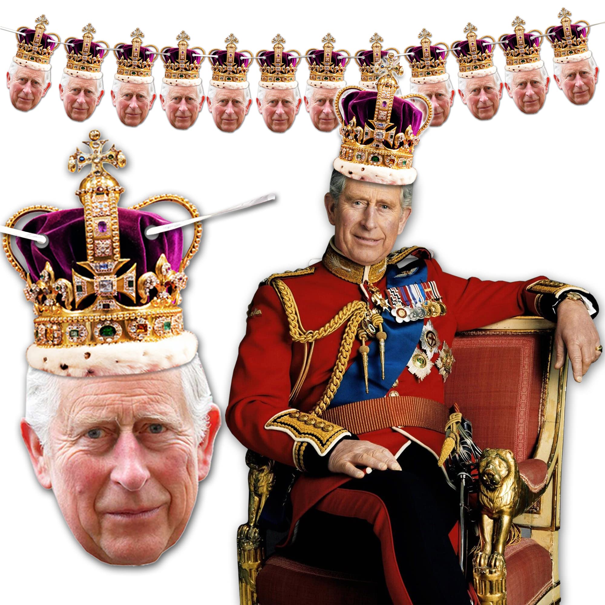King Charles III Coronation Bunting Banner MADE IN BRITAIN - 12 Cutout Photo Faces Of The King - 27cm Tall With 2.5 Meters of Ribbon For Hanging The Bunting - Great Charles The 3rd 2023 Souvenir