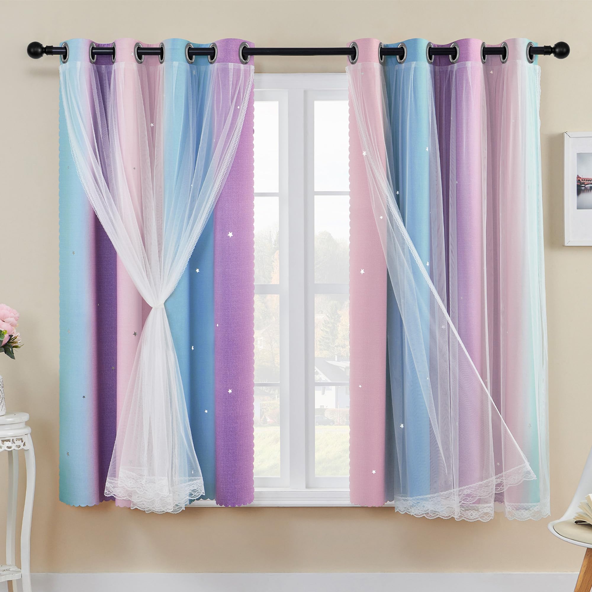 XiDi Kids Curtains for Bedroom Girls Rainbow Blackout Pink Curtains Purple Princess Room Decor 52 Inch Wide 2 Panels