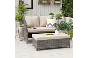 OC Orange-Casual 2-Piece Outdoor Patio Furniture Wicker Love-seat and Coffee Table Set, with Built-in Storage Bin, Grey Rattan, Beige Cushions