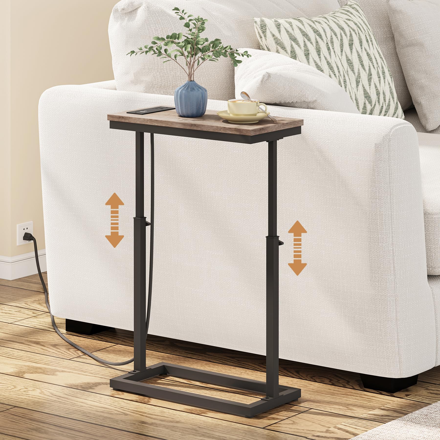 TUTOTAK End Table with Charging Station, Side Table, Tall Couch Table, Sofa Table, Living Room, Bedroom,Greige TB01BG084