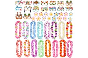 Atonofun 48 PCS Leis for Luau Party, Hawaiian Leis Bulk, Luau Party Glasses, Flowers Hair Clip Tropical Birthday Summer Beach Luau Party Favors Supplies