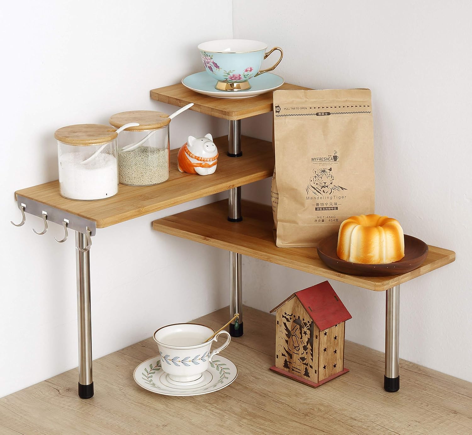 HYNAWIN 3 Tier Corner Shelf Bamboo & Metal Storage Spice Rack-Desk Bookshelf Display Shelves Space Saving Organizer -Adjustable Rack for Kitchen,Bedroom, Office-Creative Home Décor with Hooks: Furniture & Decor
