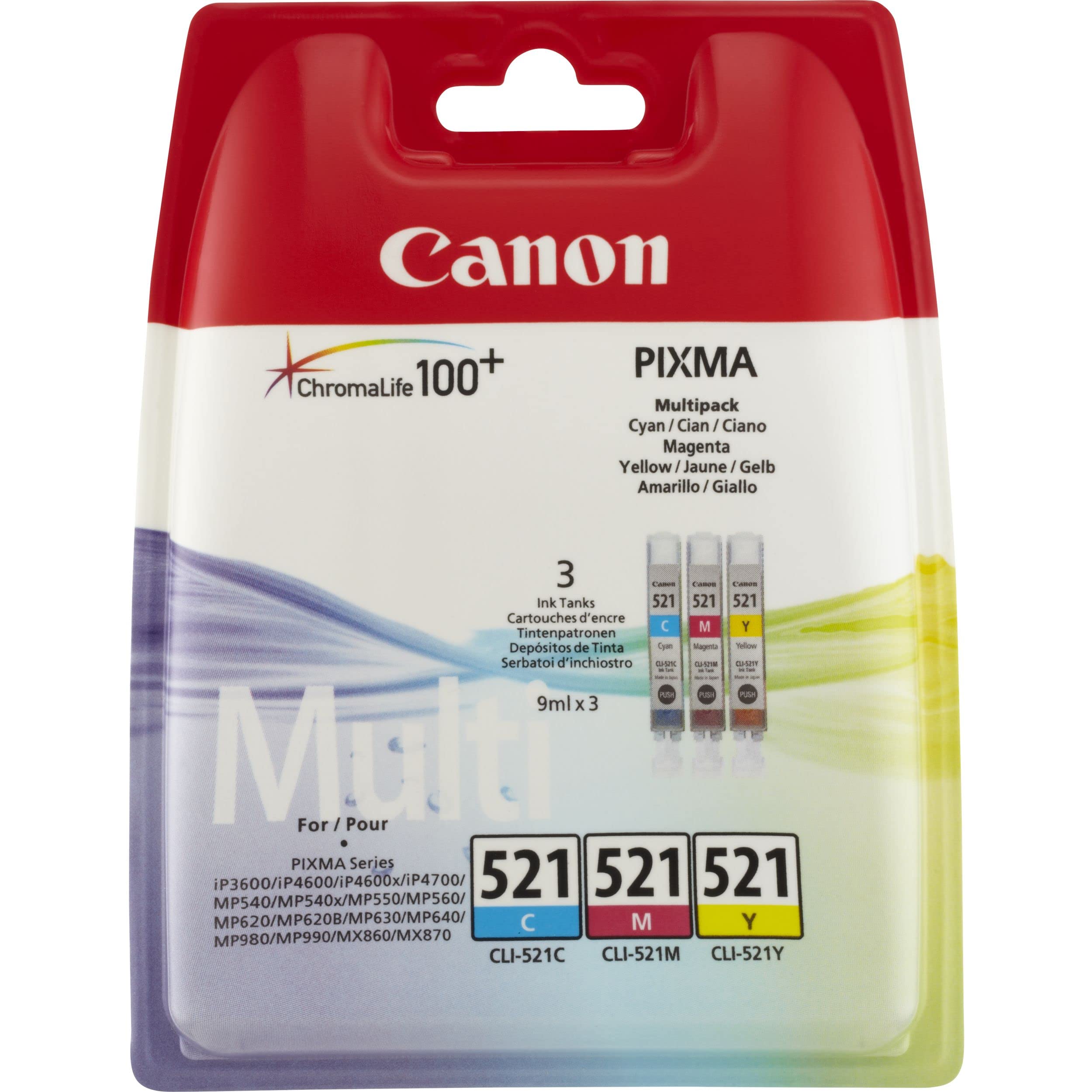 Canon CLI-521 C M Y Pack of 3 cartridges (Cyan Magenta Yellow) Genuine Canon (Plastic Pack )