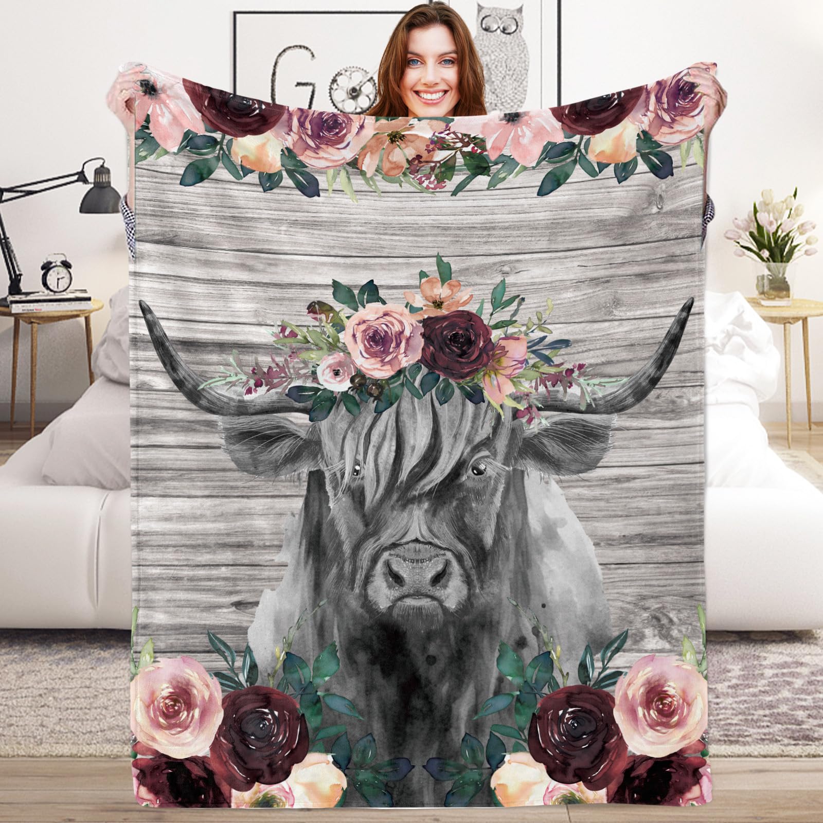 Highland Cow Floral Plush Flannel Throw Blanket for Kids & Women, Vintage Flower Cozy Couch Bed Sofa Bedroom, 130x150 cm